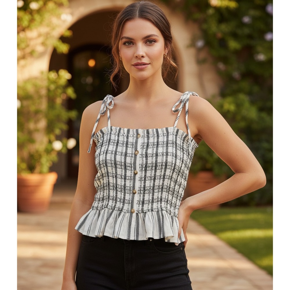 NEW Loft Top Tank White Black Tie Smocked Cami Cottage Boho Coastal Casual Sz S